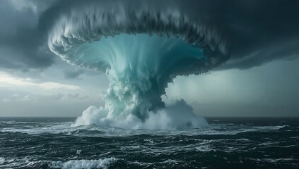 Ocean vortex rising over dark storm clouds