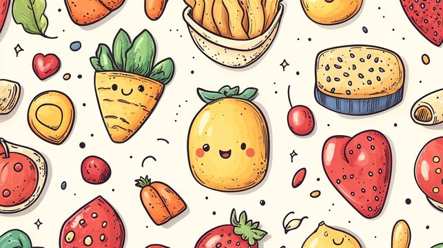A vibrant and playful seamless pattern featuring cheerful cartoon fruits and vegetables with cute smiley faces. The background is clean and simple, enhancing the playful and illustrative style.