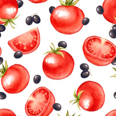 Seamless pattern Illustration featuring hand-drawn ripe red tomatoes and black olives scattered on a white background