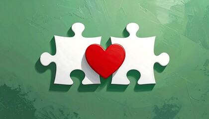 Two white jigsaw puzzle pieces connect, nestled around a vibrant red heart, set on a textured green background. A symbol of connection and love