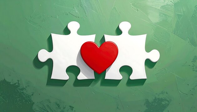 Two white jigsaw puzzle pieces connect, nestled around a vibrant red heart, set on a textured green background. A symbol of connection and love