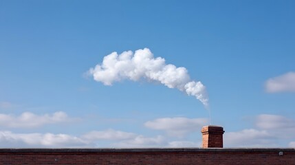 A detailed shot of white smoke or steam emerging from a red brick chimney drifting across a vibrant blue sky dotted with soft clouds