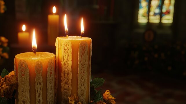 Three illuminated candles with ornate lace designs in a dark setting