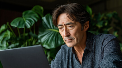 Middle-aged Asian man intently working or studying on laptop in front of green plants. business, remote work, mature lifestyle