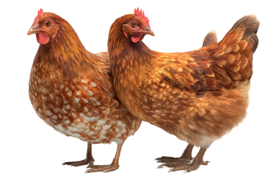Two brown hens standing sidebyside, , with detailed feathers and alert expressions