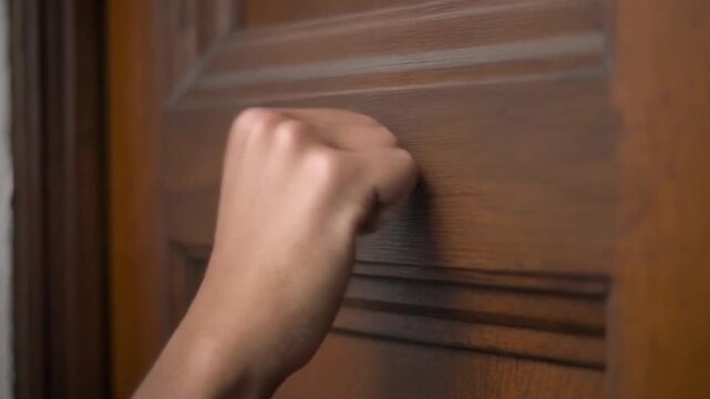 Close-up of a hand knocking on a wooden door, announcing an arrival or seeking attention