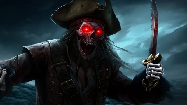 Scary skeletal zombie pirate with glowing red eyes and cutlass on a stormy sea ready for battle, horror concept animation