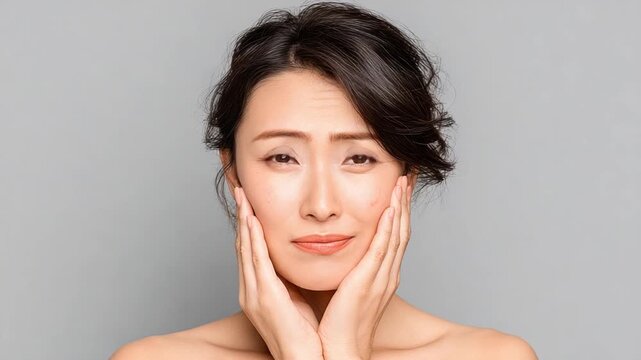 A woman with closed eyes, hands on her face, and a contemplative expression against a grey backdrop