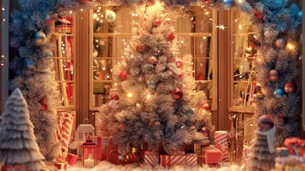 A decorated Christmas tree is placed in front of a window - Powered by Adobe