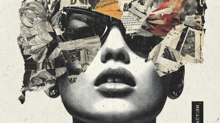 Portrait of a woman wearing sunglasses, her head creatively decorated with a collage of flowers and newspaper clippings, reflecting artistic expression and contemporary design