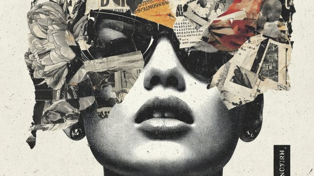 Portrait of a woman wearing sunglasses, her head creatively decorated with a collage of flowers and newspaper clippings, reflecting artistic expression and contemporary design