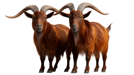 Two majestic ibex goats with impressive curved horns standing side by side