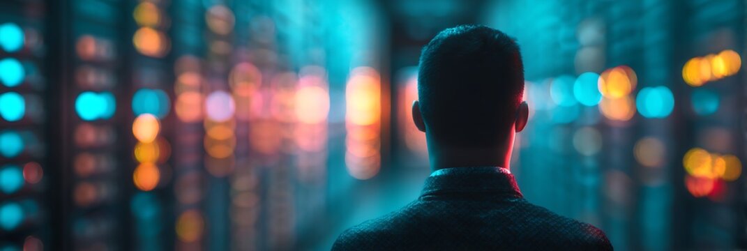 A person stands in a server room, illuminated by colorful lights, facing a wall of servers, creating a futuristic and tech-focused ambiance.