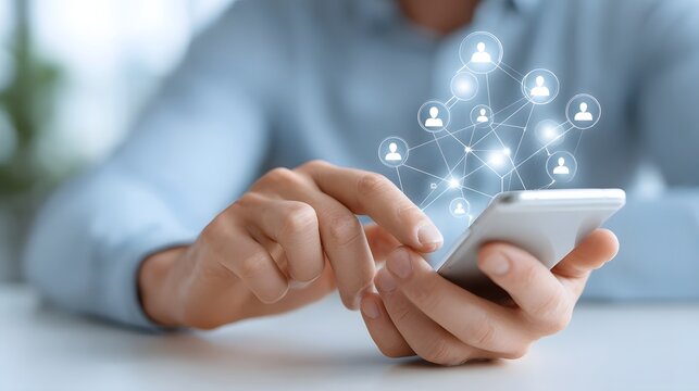 Modern hands engage with a mobile phone screen illustrating a digital network connecting user icons and representing global connectivity social interaction and technological communication