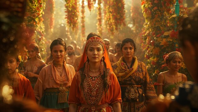 Regal Young Woman in Ornate Traditional Orange Attire and Golden Headpiece Amidst a Lush, Sunlit Floral Ceremony - Powered by Adobe