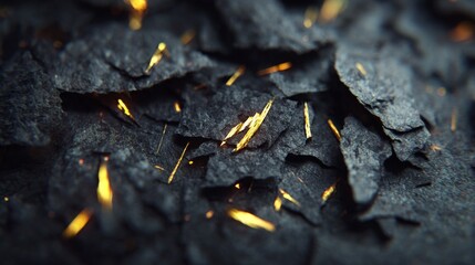 Textured black surface with shimmering golden flecks, highlighting intricate details and contrasting colors, perfect for artistic backgrounds or design elements with copy space