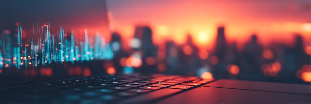 A laptop displaying data analytics against a vibrant sunset backdrop, symbolizing technology and data analysis in an urban setting.