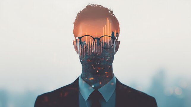 A businessman"s silhouette overlaid with cityscape and financial graphs, symbolizing ambition, growth, and the merging of personal and corporate identities.