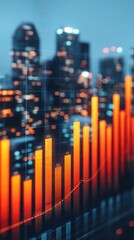 Obraz premium A vibrant bar graph displays rising statistics against a blurred city skyline, highlighting growth and urban energy.
