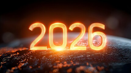 Bright orange glowing numbers forming the year 2026 illuminate a dark abstract digital background filled with intricate patterns and bokeh effects