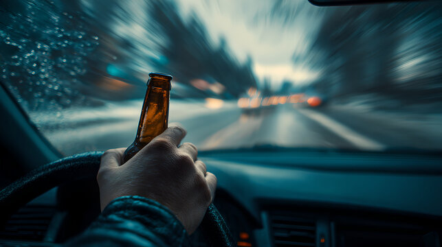 Hand holding a beer bottle while driving a car at speed motion blur.
