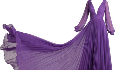 Elegant purple pleated gown with long flowing fabric isolated on transparent background