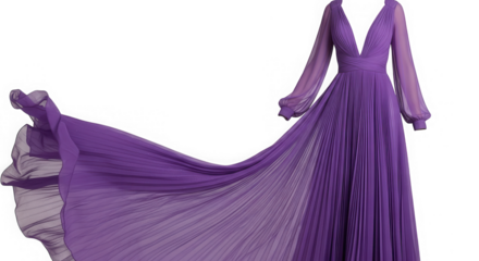 Elegant purple pleated gown with long flowing fabric isolated on transparent background
