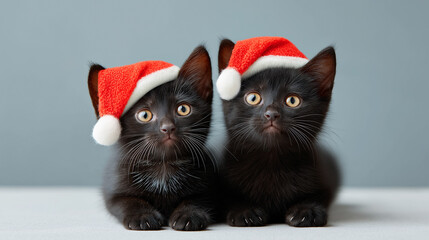 Two adorable black kittens wearing small Santa hats looking at camera on light grey background. Christmas holiday greeting card