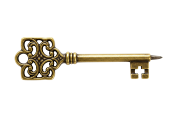 Isolated antique key, ornate gold skeleton key, vintage object, lock opener, treasure hunt prop