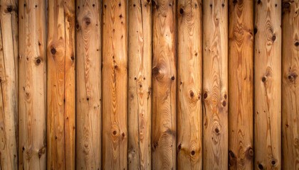 Vertical arrangement of warm-toned wooden logs, likely part of a fence or wall. The logs have natural knots and grain