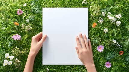 A top down view of hands presenting a blank white sheet of paper in a lush natural setting of green grass and diverse small wildflowers perfect for nature themed announcements or creative projects