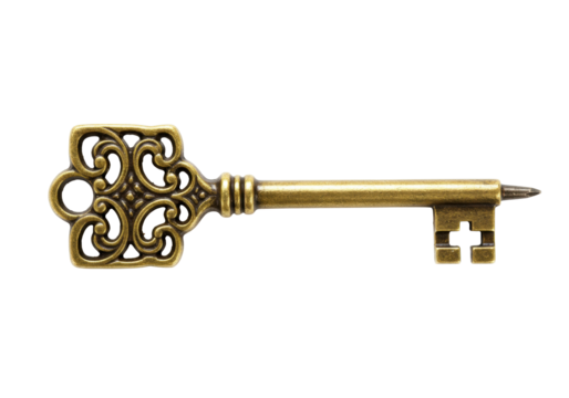 Isolated antique key, ornate gold skeleton key, vintage object, lock opener, treasure hunt prop