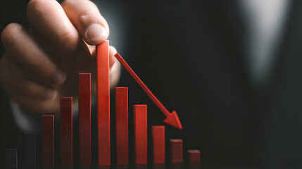Hand pushing down a red declining arrow on a business bar graph.

