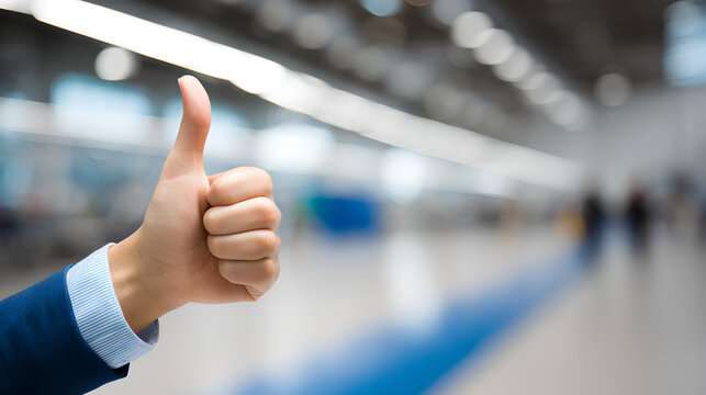 Close-up of a business hand giving a thumbs up gesture approval.
