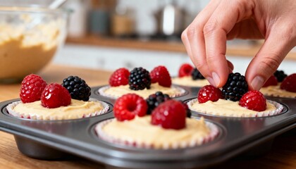 A close-up photo of hands decorating muffin batter with fresh raspberries and blackberries in a cozy kitchen, representing homemade desserts, creativity, healthy indulgence, and culinary passion.