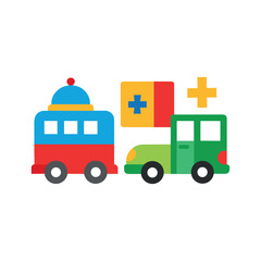 Colorful, cartoonish icons of a yellow school bus, a red fire truck, a blue ambulance, and a green police car, all on a white background.