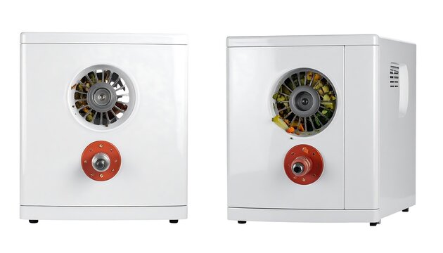 Two white rectangular machines with visible internal components containing food waste and red cylindrical handles