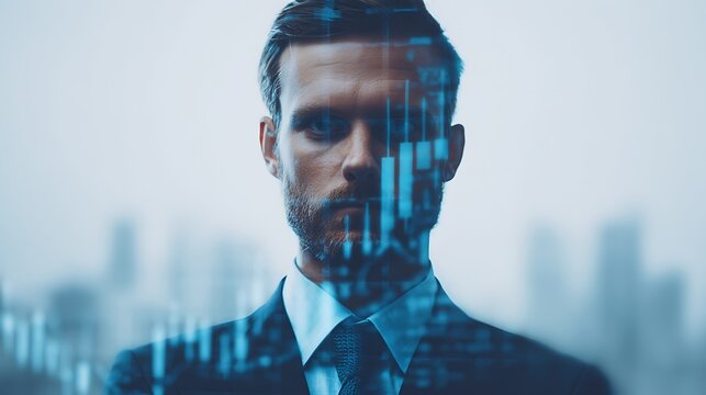 A business professional gazes thoughtfully, with digital stock market graphs overlaying the image, suggesting investment and analysis themes.