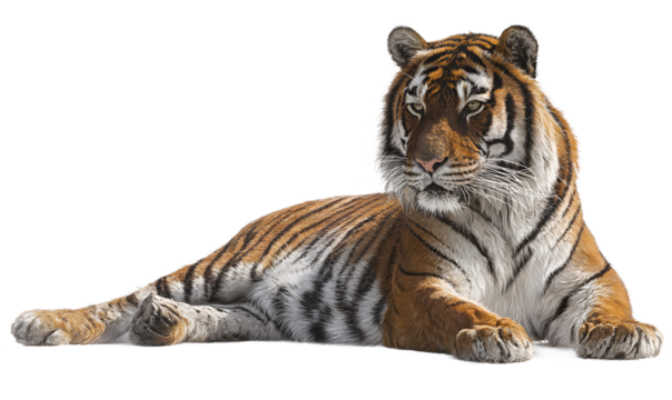 A majestic bengal tiger lying down, , showcasing its powerful build and striking orange and black stripes