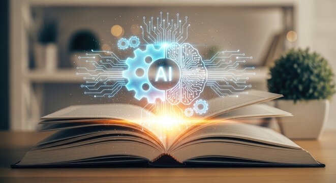 Artificial intelligence concept with an open book and digital brain