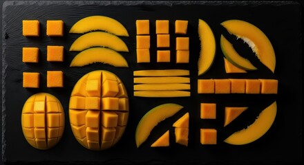 Variety of sliced mango arrangements on black slate background