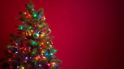 Fototapeta premium Árvore de Natal iluminada com luzes coloridas em destaque sobre fundo vermelho, transmitindo clima festivo, alegria, tradição, celebração familiar e beleza típica das festas de fim de ano