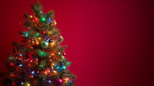 &Aacute;rvore de Natal iluminada com luzes coloridas em destaque sobre fundo vermelho, transmitindo clima festivo, alegria, tradi&ccedil;&atilde;o, celebra&ccedil;&atilde;o familiar e beleza t&iacute;pica das festas de fim de ano