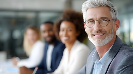 Smiling senior businessman in glasses leads a diverse team of professionals in a collaborative meeting setting within a contemporary office environment