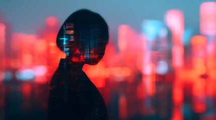 A silhouette of a woman against a vibrant, futuristic cityscape, blending technology and human form in a mesmerizing display of colors.