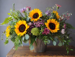 Bouquet of sunflowers and flowers in a glass vase on a garden background