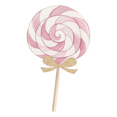 Watercolor pink lollipop clipart, candy swirl illustration with gold bow