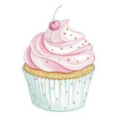 Watercolor pink cupcake clipart, cherry cupcake illustration with gold sprinkles