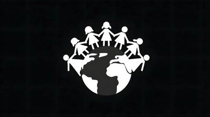 Stylized illust n of diverse children forming a human chain around a globe representing international coope n friendship and global comm
