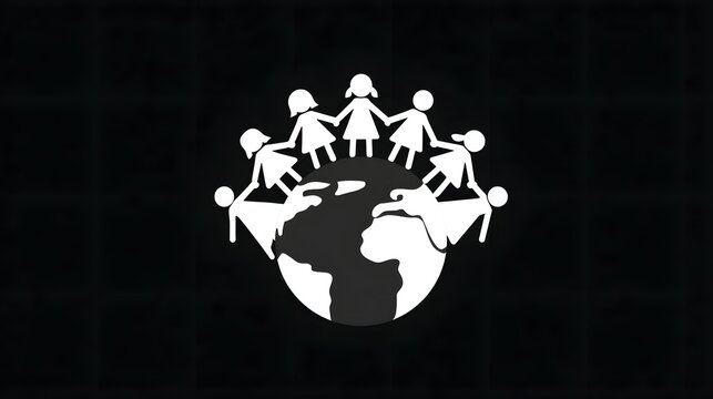 Stylized illust n of diverse children forming a human chain around a globe representing international coope n friendship and global comm